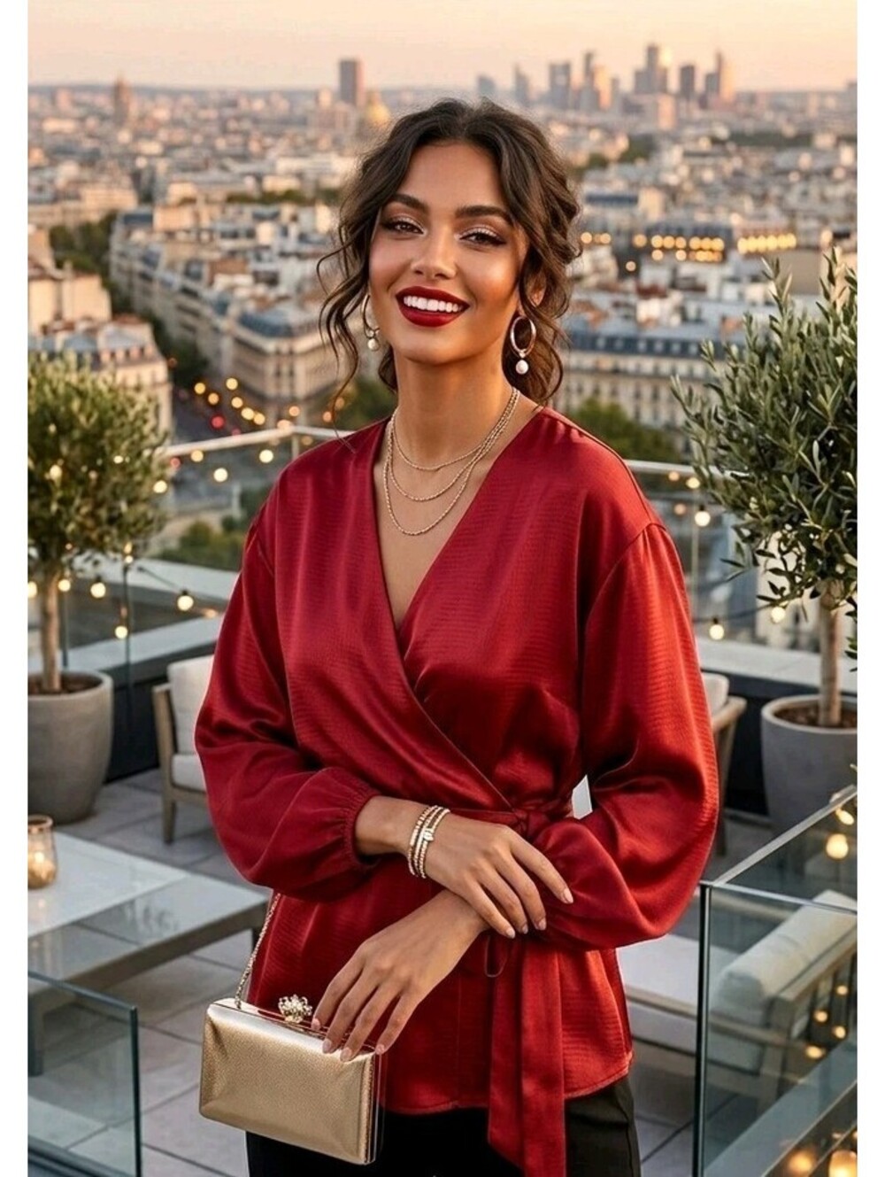 Red satin-look wrap peplum blouse by Prologue XXL